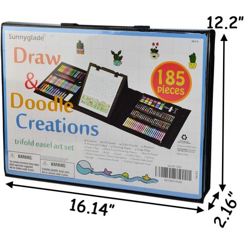  Sunnyglade 185 Pieces Double Sided Trifold Easel Art Set, Drawing Art Box with Oil Pastels, Crayons, Colored Pencils, Markers, Paint Brush, Watercolor Cakes, Sketch Pad