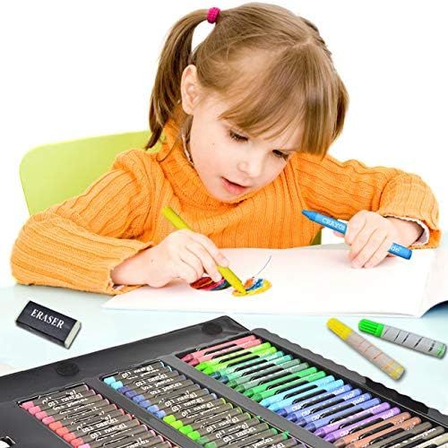  Sunnyglade 185 Pieces Double Sided Trifold Easel Art Set, Drawing Art Box with Oil Pastels, Crayons, Colored Pencils, Markers, Paint Brush, Watercolor Cakes, Sketch Pad