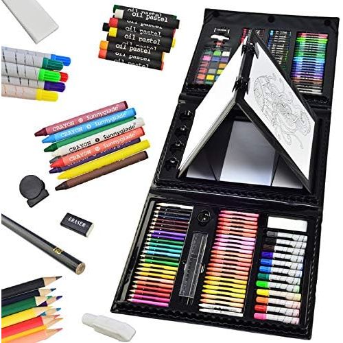  Sunnyglade 185 Pieces Double Sided Trifold Easel Art Set, Drawing Art Box with Oil Pastels, Crayons, Colored Pencils, Markers, Paint Brush, Watercolor Cakes, Sketch Pad