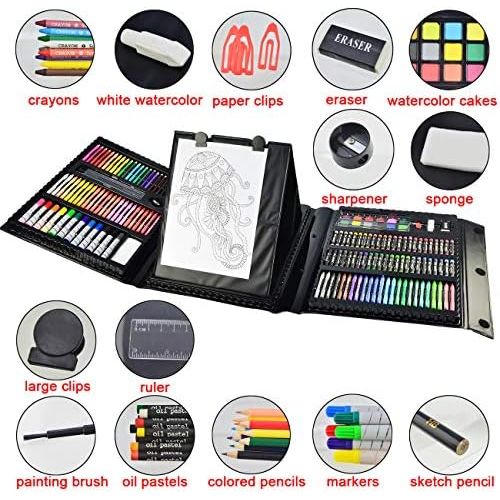  Sunnyglade 185 Pieces Double Sided Trifold Easel Art Set, Drawing Art Box with Oil Pastels, Crayons, Colored Pencils, Markers, Paint Brush, Watercolor Cakes, Sketch Pad