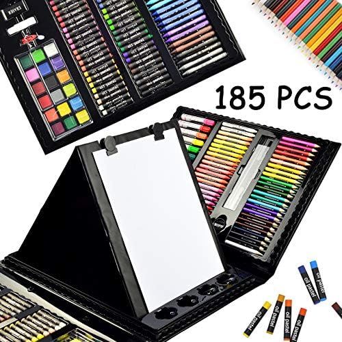  Sunnyglade 185 Pieces Double Sided Trifold Easel Art Set, Drawing Art Box with Oil Pastels, Crayons, Colored Pencils, Markers, Paint Brush, Watercolor Cakes, Sketch Pad