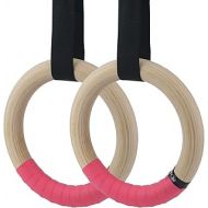 Sunnyglade 2Pcs Wood Gymnastics Rings with 16FT Long Adjustable Straps & 4Pcs Non-Slip Hand Tapes Exercise Training Rings for Home/Gym Full Body Strength Training