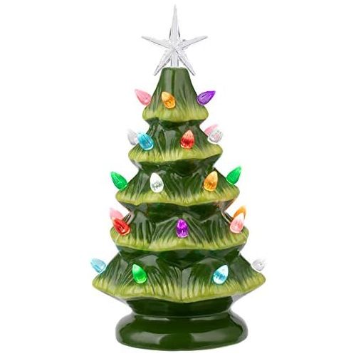  Sunnyglade 11 Ceramic Christmas Tree Tabletop Christmas Tree Lights with 28 Multicolored Lights and 1 Star Toppers for Table Top Desk Classic Series Christmas Decoration (Green) (G