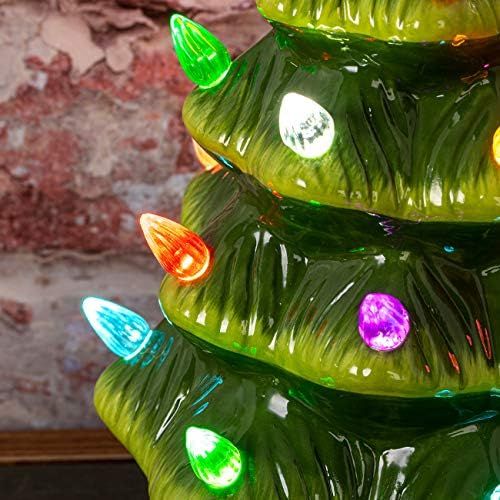  Sunnyglade 11 Ceramic Christmas Tree Tabletop Christmas Tree Lights with 28 Multicolored Lights and 1 Star Toppers for Table Top Desk Classic Series Christmas Decoration (Green) (G