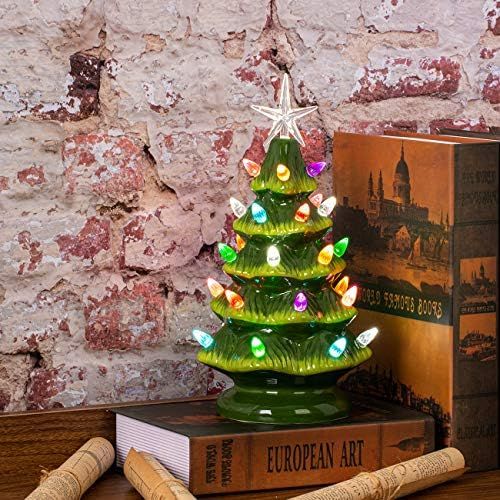  Sunnyglade 11 Ceramic Christmas Tree Tabletop Christmas Tree Lights with 28 Multicolored Lights and 1 Star Toppers for Table Top Desk Classic Series Christmas Decoration (Green) (G