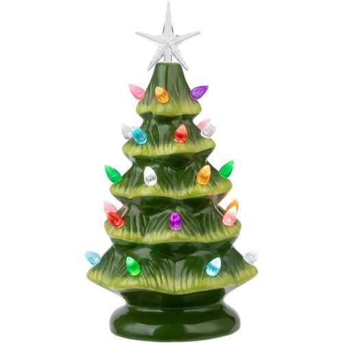  Sunnyglade 11 Ceramic Christmas Tree Tabletop Christmas Tree Lights with 28 Multicolored Lights and 1 Star Toppers for Table Top Desk Classic Series Christmas Decoration (Green) (G