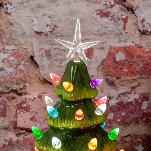  Sunnyglade 11 Ceramic Christmas Tree Tabletop Christmas Tree Lights with 28 Multicolored Lights and 1 Star Toppers for Table Top Desk Classic Series Christmas Decoration (Green) (G