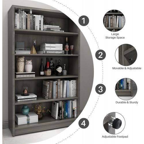  Sunon Collection Wood Bookcase Freestanding Display Shelf for Home and Office (5-Shelf, Grey)