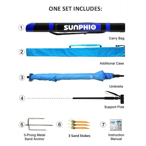  Sunphio Large Windproof Beach Umbrella, Sturdy and UV Protection, Portable Sun Shade Best for Camping, Picnic, Sand, Patio and More, 2 Metal Sand Anchor, 1 Big Carry Bag, 360 Tilt