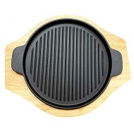 Sunrise Kitchen Supply Round Grill Cast Iron Pan W/Rubber Wood Underliner, for Steak, Meat, Fish (9.25 Grill)