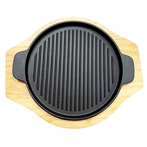  Sunrise Kitchen Supply Round Grill Cast Iron Pan W/Rubber Wood Underliner, for Steak, Meat, Fish (9.25 Grill)