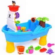 Sunsamy Beach Playset, Pirate Ship Design 20 Pieces Sand Castle Building Toy Kit Beach Toys Set Table with Chair for Kids Beach Pail Set with Molds Bucket Shovels Watering Role Play Pool S