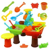 Sunsamy Beach Playset, Full Set Sand Castle Building Toy Kit Beach Toys Set Table with Chair for Kids Beach Pail Set with Molds Bucket Shovels Rakes Role Play Pool Sandbox Toys Kit for Boy