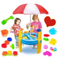 Sunsamy Beach Playset, Seaside Beach Sand And Water Table Toys With Umbrella Beach Toys Set Kids Early Learning Castle Building Toy Kit Beach Pail Set With Molds Bucket Shovels Rakes Role