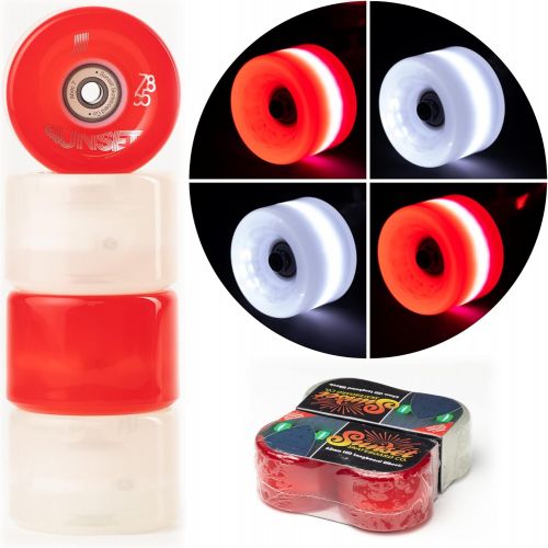  Sunset Skateboard Co. 65mm 78a LED Longboard Wheels Bundle (2 Red, 2 White) with ABEC-7 Carbon Steel Bearings for Glow-in-The-Dark, All Ages & Skill Levels Skating Fun with No Batt