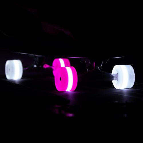  Sunset Skateboard Co. 65mm 78a LED Longboard Wheels Bundle (2 Pink, 2 White) with ABEC-7 Carbon Steel Bearings for Glow-in-The-Dark, All Ages & Skill Levels Skating Fun with No Bat