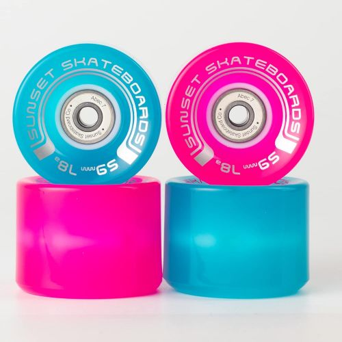  Sunset Skateboard Co. 59mm 78a Cruiser Wheels Bundle (2 Pink, 2 Aqua) with ABEC-7 Carbon Steel Bearings for Glow-in-The-Dark, All Ages & Skill Levels Skating Fun with No Batteries