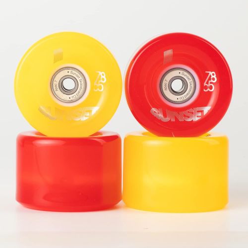  Sunset Skateboard Co. 65mm 78a LED Longboard Wheels Bundle (2 Red, 2 Yellow) with ABEC-7 Carbon Steel Bearings for Glow-in-The-Dark, All Ages & Skill Levels Skating Fun with No Bat