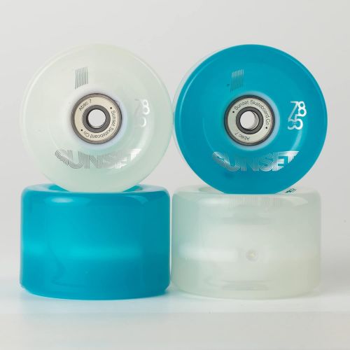  Sunset Skateboard Co. 65mm 78a LED Longboard Wheels Bundle (2 Aqua, 2 White) with ABEC-7 Carbon Steel Bearings for Glow-in-The-Dark, All Ages & Skill Levels Skating Fun with No Bat