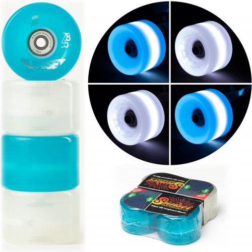  Sunset Skateboard Co. 65mm 78a LED Longboard Wheels Bundle (2 Aqua, 2 White) with ABEC-7 Carbon Steel Bearings for Glow-in-The-Dark, All Ages & Skill Levels Skating Fun with No Bat