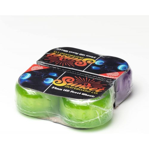  Sunset Skateboard Co. 54mm 98a LED Street Wheels Bundle (2 Green, 2 Purple) with ABEC-7 Carbon Steel Bearings for Glow-in-The-Dark, All Ages & Skill Levels Skating Fun with No Batt