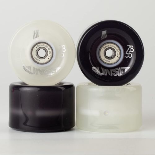  Sunset Skateboard Co. 65mm 78a LED Longboard Wheels Bundle (2 Smoke, 2 White) with ABEC-7 Carbon Steel Bearings for Glow-in-The-Dark, All Ages & Skill Levels Skating Fun with No Ba