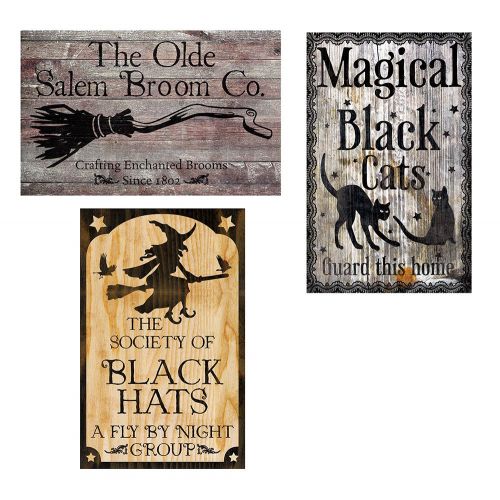  Sunstar Industries Halloween Metal Sign Decor 3 pc Set Rustic Signs Witch Decoration Broom Cat Hat