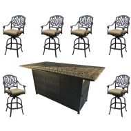 Sunvuepatio Fire pit dining table set outdoor propane heater Elisabeth bar stools cast aluminum furniture.