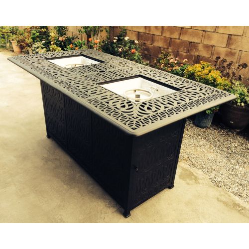  Sunvuepatio Fire pit dining table set outdoor propane heater Elisabeth bar stools cast aluminum furniture.