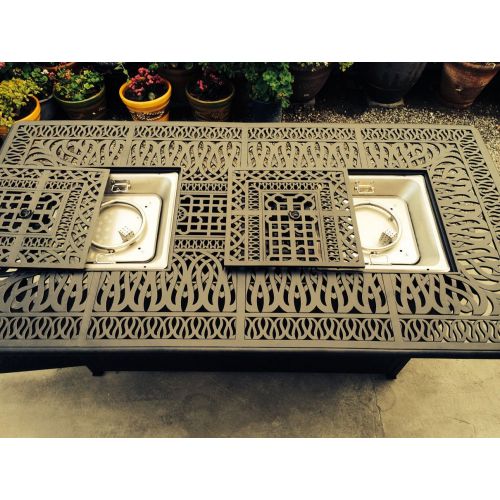  Sunvuepatio Fire pit dining table set outdoor propane heater Elisabeth bar stools cast aluminum furniture.