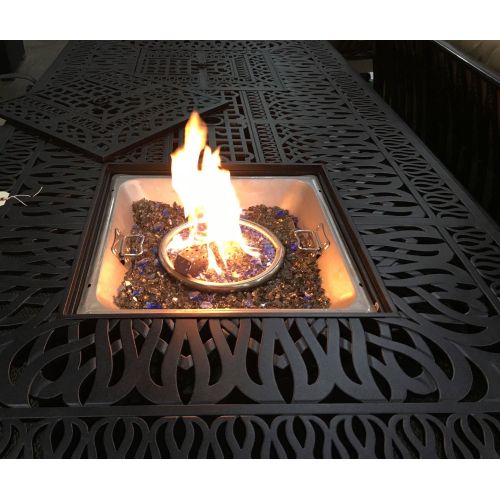  Sunvuepatio Fire pit dining table set outdoor propane heater Elisabeth bar stools cast aluminum furniture.