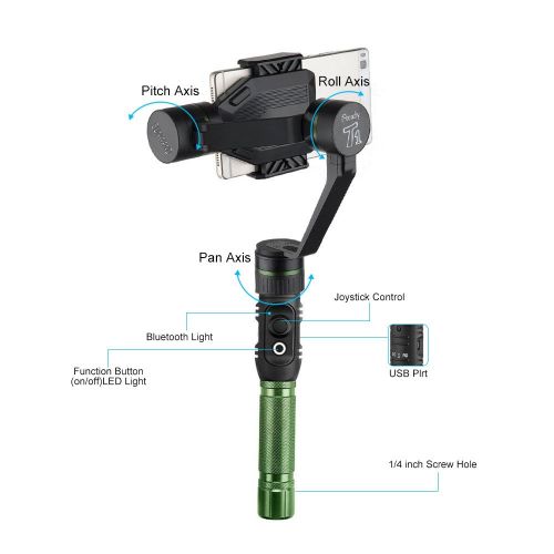  Sunwand 3-Axis Motorized Handheld Gimbal Active Stabilizer for GoPro Smartphones Video Cameras GoPro Clamp Included-Green
