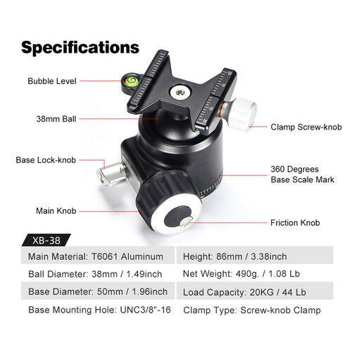  Sunwayfoto XB-38 Low-Profile Ball Head with Screw Knob Clamp