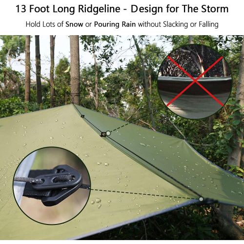  Sunyear Hammock Rain Fly Tent Tarp Provides Effective Protection Against Rain, Snow. 32ft Long Ridgeline. Big 9.8x9.5ft Durable, Waterproof 210D Oxford. 6 Reflective Guy Lines, 2 Stuff Sac