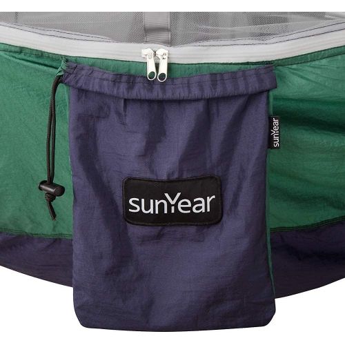  Sunyear Single & Double Camping Hammock with Mosquito/Bug Net, 10ft Hammock Tree Straps and Carabiners, Easy Assembly, Portable Parachute Nylon Hammock for Camping, Backpacking, Survival,