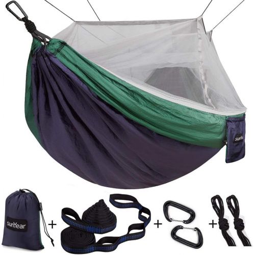  Sunyear Single & Double Camping Hammock with Mosquito/Bug Net, 10ft Hammock Tree Straps and Carabiners, Easy Assembly, Portable Parachute Nylon Hammock for Camping, Backpacking, Survival,