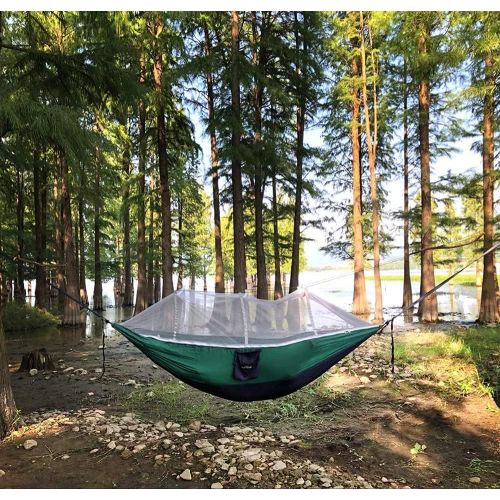  Sunyear Single & Double Camping Hammock with Mosquito/Bug Net, 10ft Hammock Tree Straps and Carabiners, Easy Assembly, Portable Parachute Nylon Hammock for Camping, Backpacking, Survival,