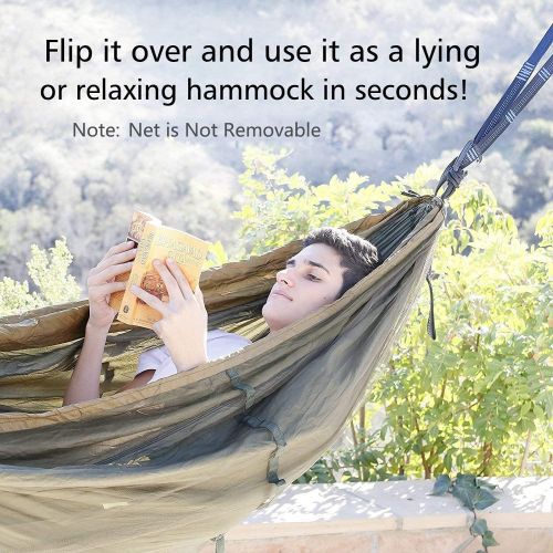  Sunyear Single & Double Camping Hammock with Mosquito/Bug Net, 10ft Hammock Tree Straps and Carabiners, Easy Assembly, Portable Parachute Nylon Hammock for Camping, Backpacking, Survival,