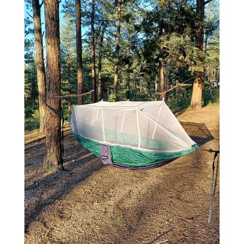  Sunyear Single & Double Camping Hammock with Mosquito/Bug Net, 10ft Hammock Tree Straps and Carabiners, Easy Assembly, Portable Parachute Nylon Hammock for Camping, Backpacking, Survival,