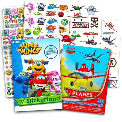  Super Wings Stickers Party Favors Pack -- Over 295 Tranforming Planes Stickers and Bonus 50 Disney Planes Temporary Tattoos (Super Wings Party Supplies)