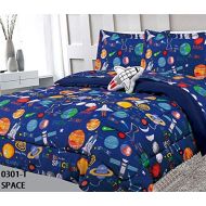 Super 5 Piece Twin Size Kids Boys Teens Comforter Set Bed in Bag w/2 Curtains, Sham & Decorative Toy Pillow, Space Planets Rockets Blue Print Blue Multicolor Kids Comforter Bedding Set w