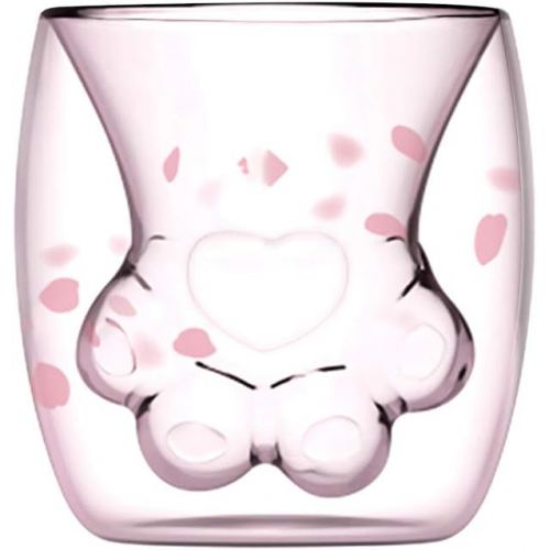  [아마존베스트]Toysdone Cat Claw Cup Pink Cherry Printing Cat Paw Mug Cute Cat Foot Shape Transparent Double Wall Coffee Cups Insulated Thermo Milk Tea Juice Wine Whiskey Water Glass Cup 6oz