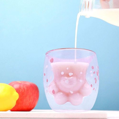  [아마존베스트]Toysdone Cat Claw Cup Pink Cherry Printing Cat Paw Mug Cute Cat Foot Shape Transparent Double Wall Coffee Cups Insulated Thermo Milk Tea Juice Wine Whiskey Water Glass Cup 6oz