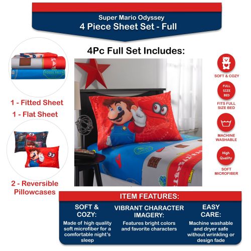 슈퍼마리오 Nintendo Super Mario Odyssey Fun Kids Bedding Sheet Set, Full