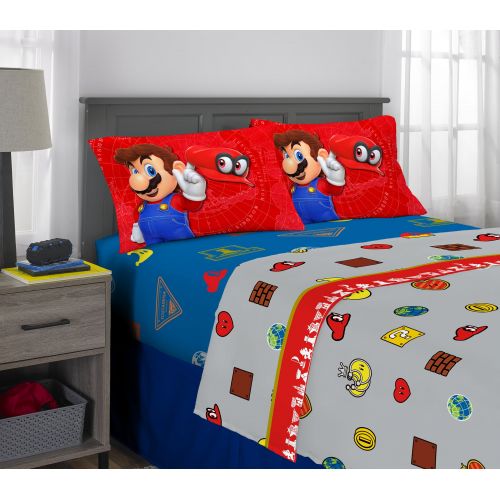 슈퍼마리오 Nintendo Super Mario Odyssey Fun Kids Bedding Sheet Set, Full