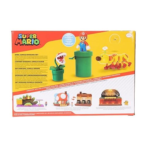 슈퍼마리오 Nintendo Super Mario Soda Jungle Diorama Includes 3 Figures and 2 Accessories: 2.5-Inch Mario, Wiggler, Piranha Plant, Warp Pipe, Coin. Ages 3+ (Officially Licensed)