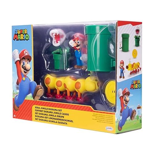 슈퍼마리오 Nintendo Super Mario Soda Jungle Diorama Includes 3 Figures and 2 Accessories: 2.5-Inch Mario, Wiggler, Piranha Plant, Warp Pipe, Coin. Ages 3+ (Officially Licensed)