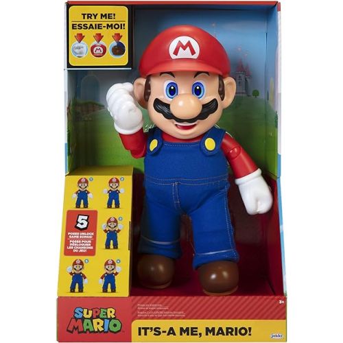 슈퍼마리오 Super Mario It's-A Me, Mario! Collectible Action Figure, Talking Posable Mario Figure, 30+ Phrases and Game Sounds - 12 Inches Tall!