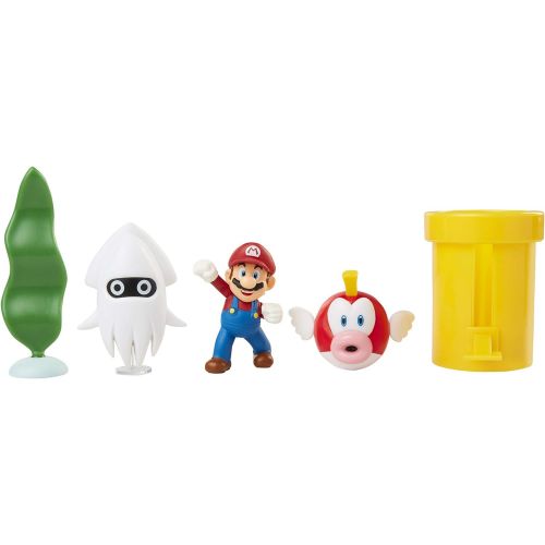 슈퍼마리오 SUPER MARIO Nintendo Underwater 2.5 Figure Diorama Play Set, Includes: Mario, Cheep-Cheep, Blooper, Mechanical Warp Pipe, Spinning Water Plant & Two Coins
