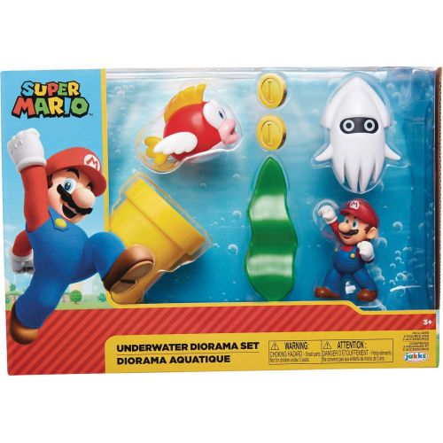 슈퍼마리오 SUPER MARIO Nintendo Underwater 2.5 Figure Diorama Play Set, Includes: Mario, Cheep-Cheep, Blooper, Mechanical Warp Pipe, Spinning Water Plant & Two Coins